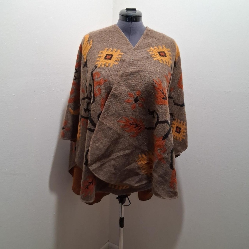 Parsley & Sage Reversible Ruana Poncho Shawl Geometric Floral Acrylic France